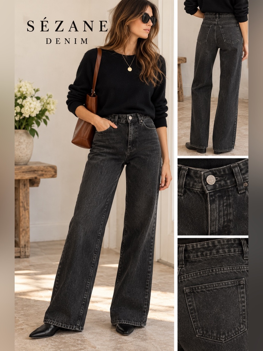 Sézane High Rise Wide Leg Jeans Size 38 / US 6 Washed Black 100% Cotton euc